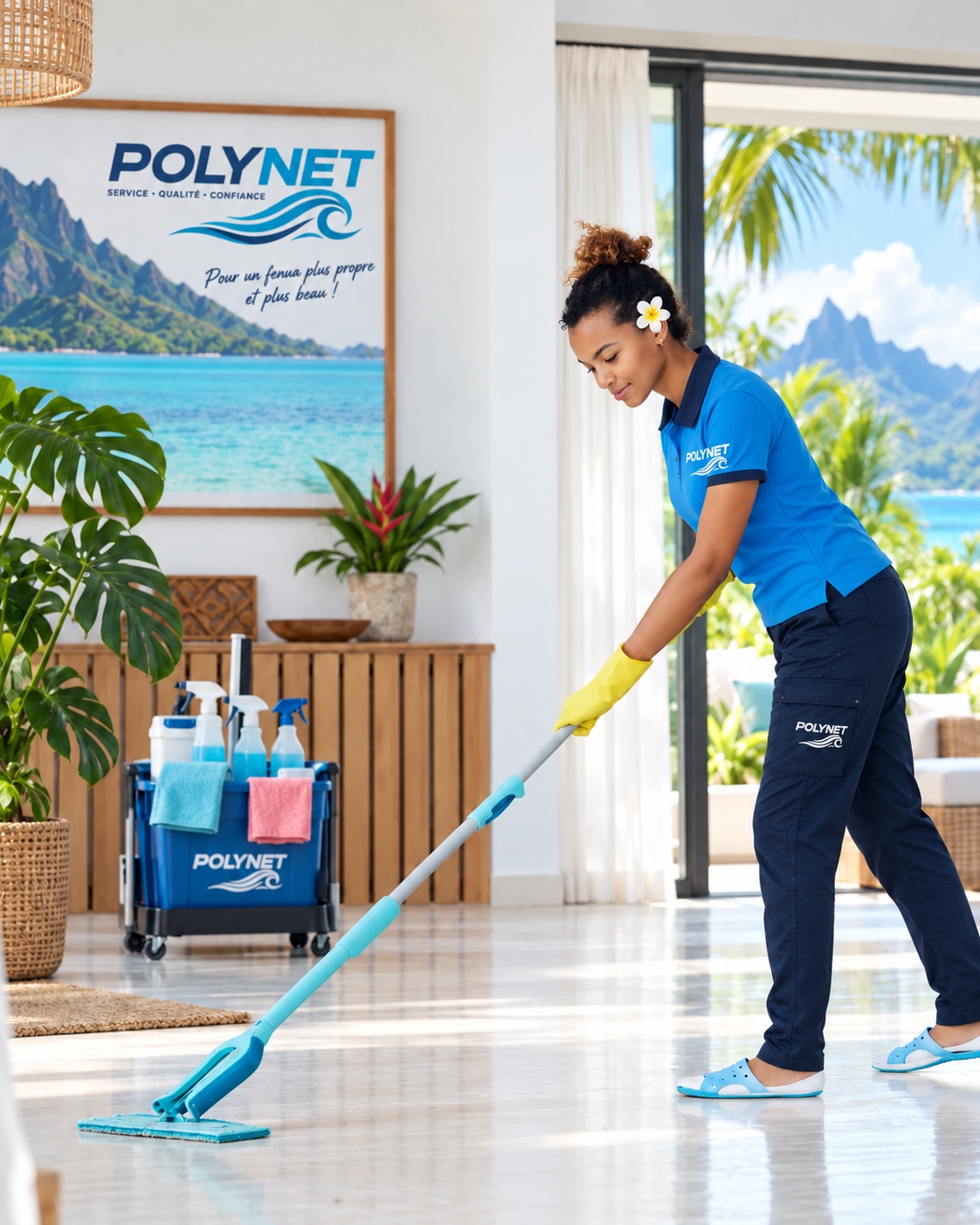 Agente POLYNET en polo turquoise nettoyant le sol d’une maison ouverte sur le lagon